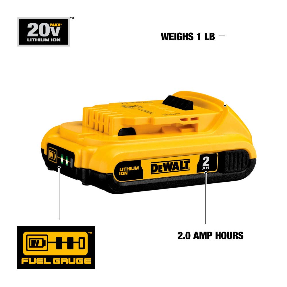 DEWALT 20V MAX compact 2.0Ah battery, in-use for DIY tasks, smooth tool performance.
