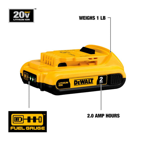 DEWALT 20V MAX compact 2.0Ah battery, in-use for DIY tasks, smooth tool performance.