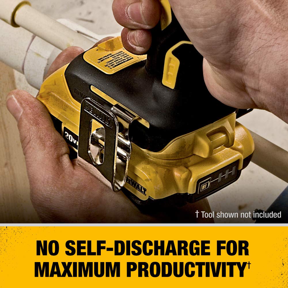 DEWALT 20V MAX compact 2.0Ah battery, rapid-charge capability for minimal downtime.
