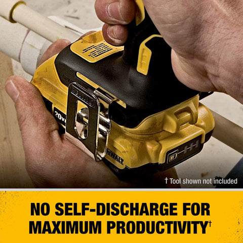 DEWALT 20V MAX compact 2.0Ah battery, rapid-charge capability for minimal downtime.