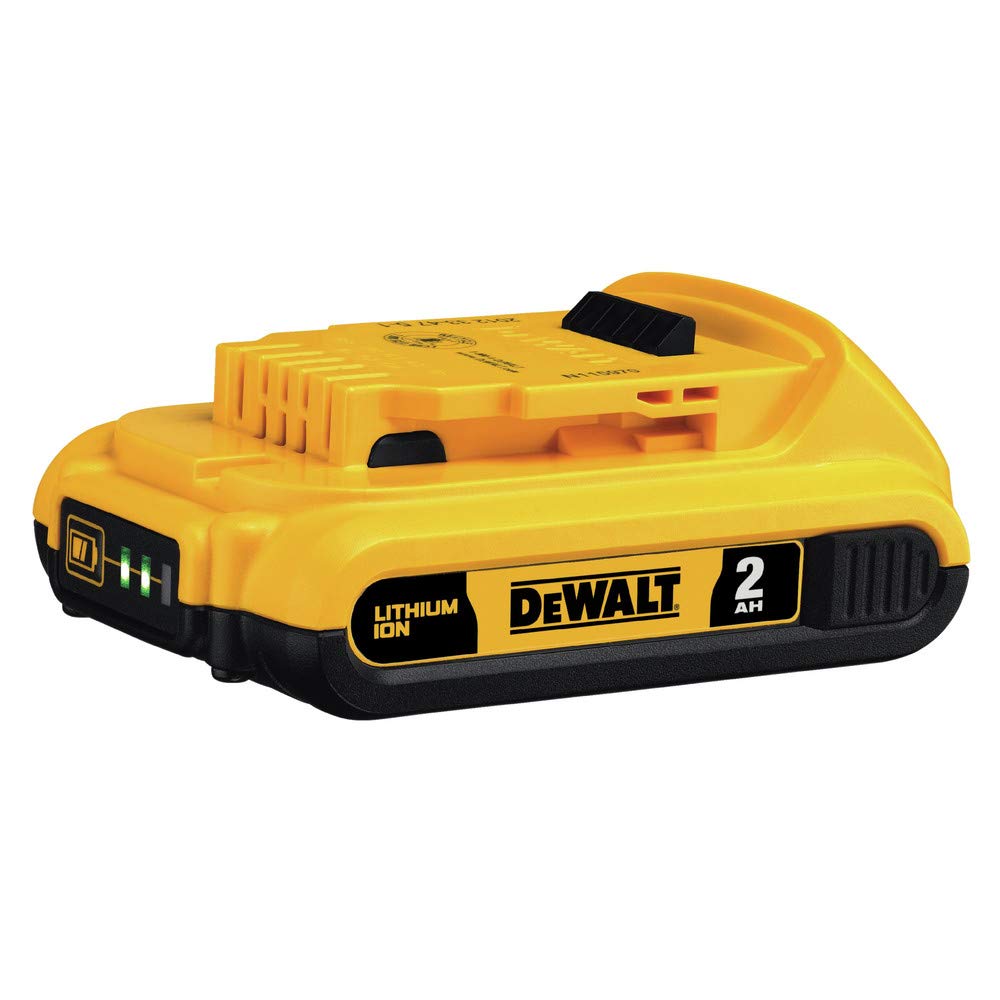 DEWALT 20V MAX compact 2.0Ah battery, side profile, rugged build for reliable on-site power.