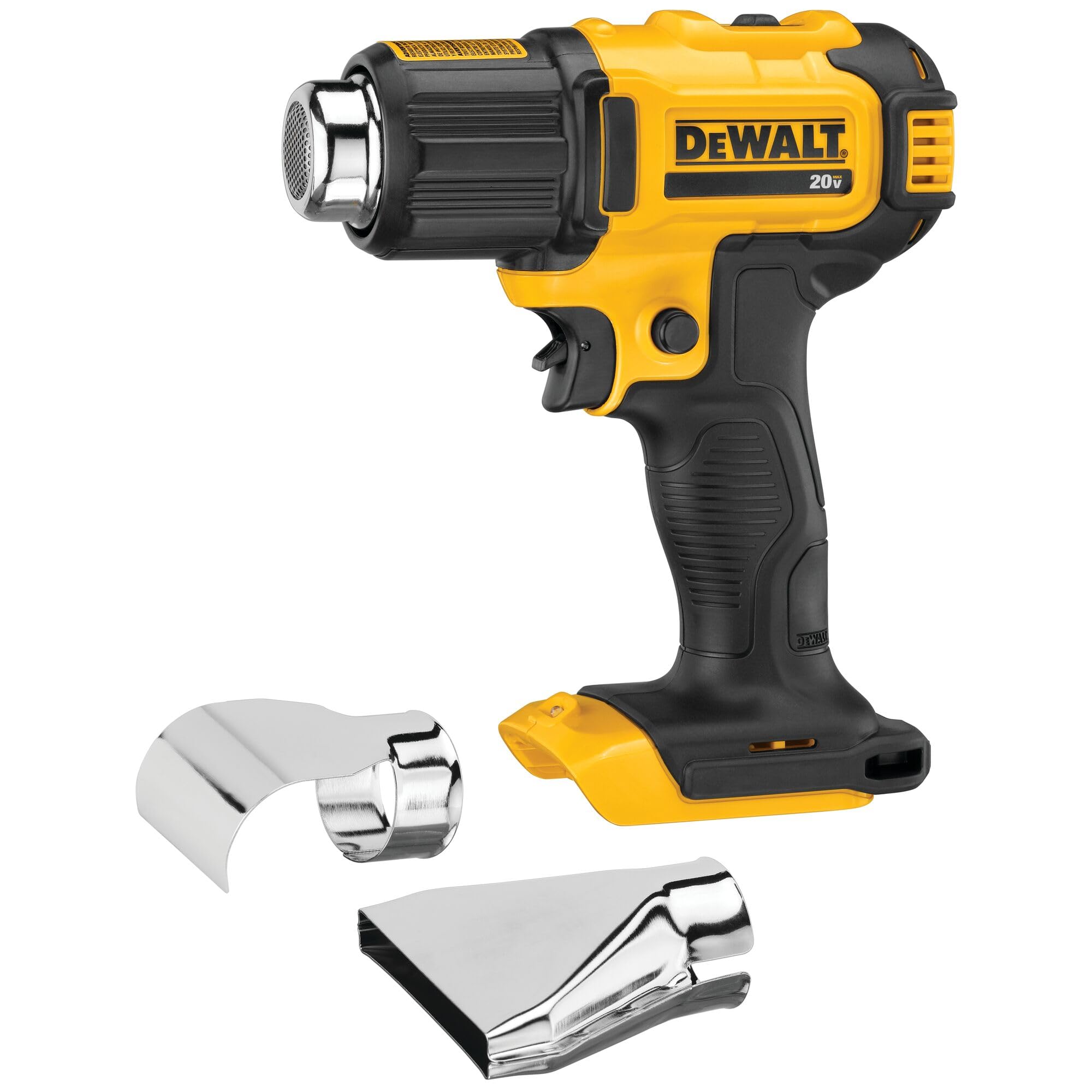 DEWALT DCE530B cordless heat gun front view demonstrates compact design for tight spaces.