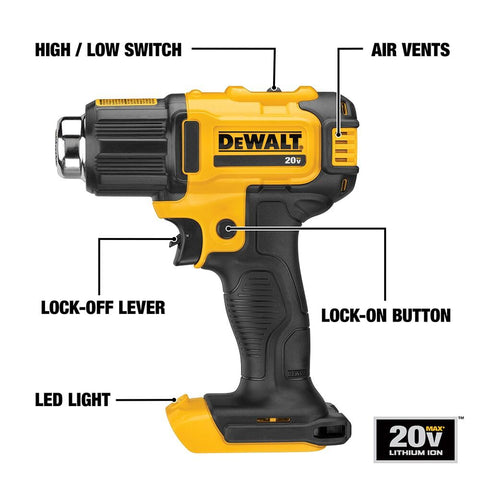 Compact DEWALT 20V MAX heat gun fits in small workspaces.