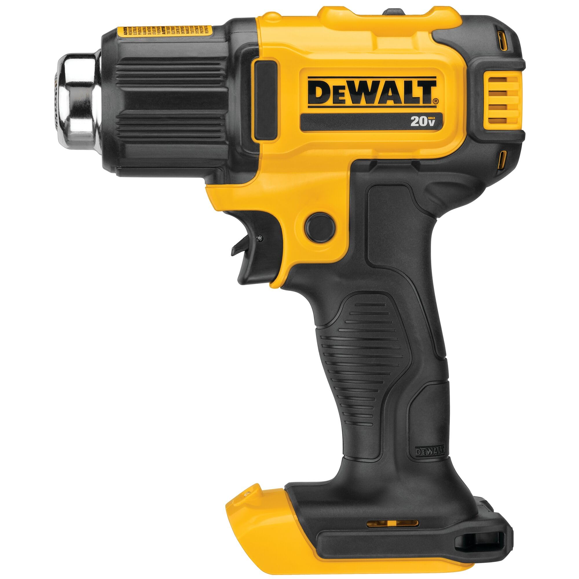 DEWALT cordless heat gun with flat nozzle shows versatile attachment compatibility.