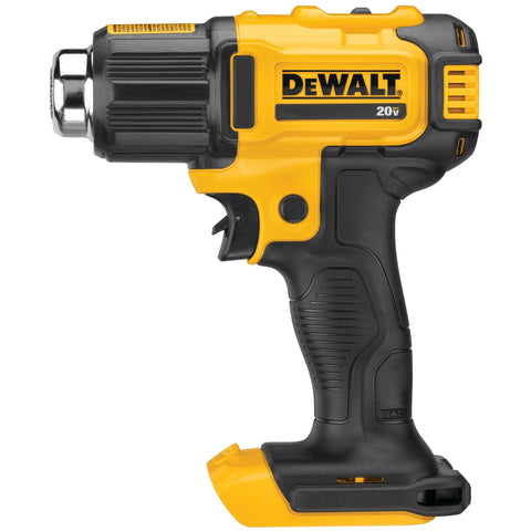 DEWALT cordless heat gun with flat nozzle shows versatile attachment compatibility.