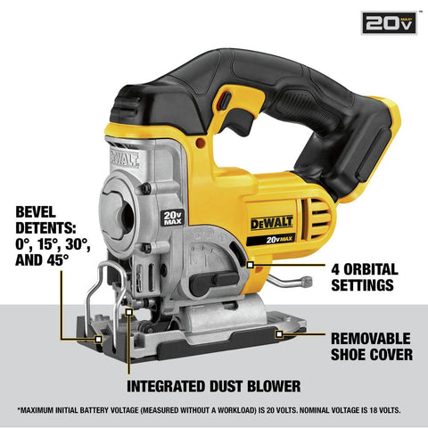 DEWALT DCS331B bevel-adjustment with 0°–45° detents enables precise bevel cuts.