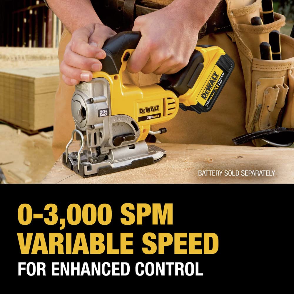 DEWALT DCS331B adjustable dust blower keeps the cut line clear during work.