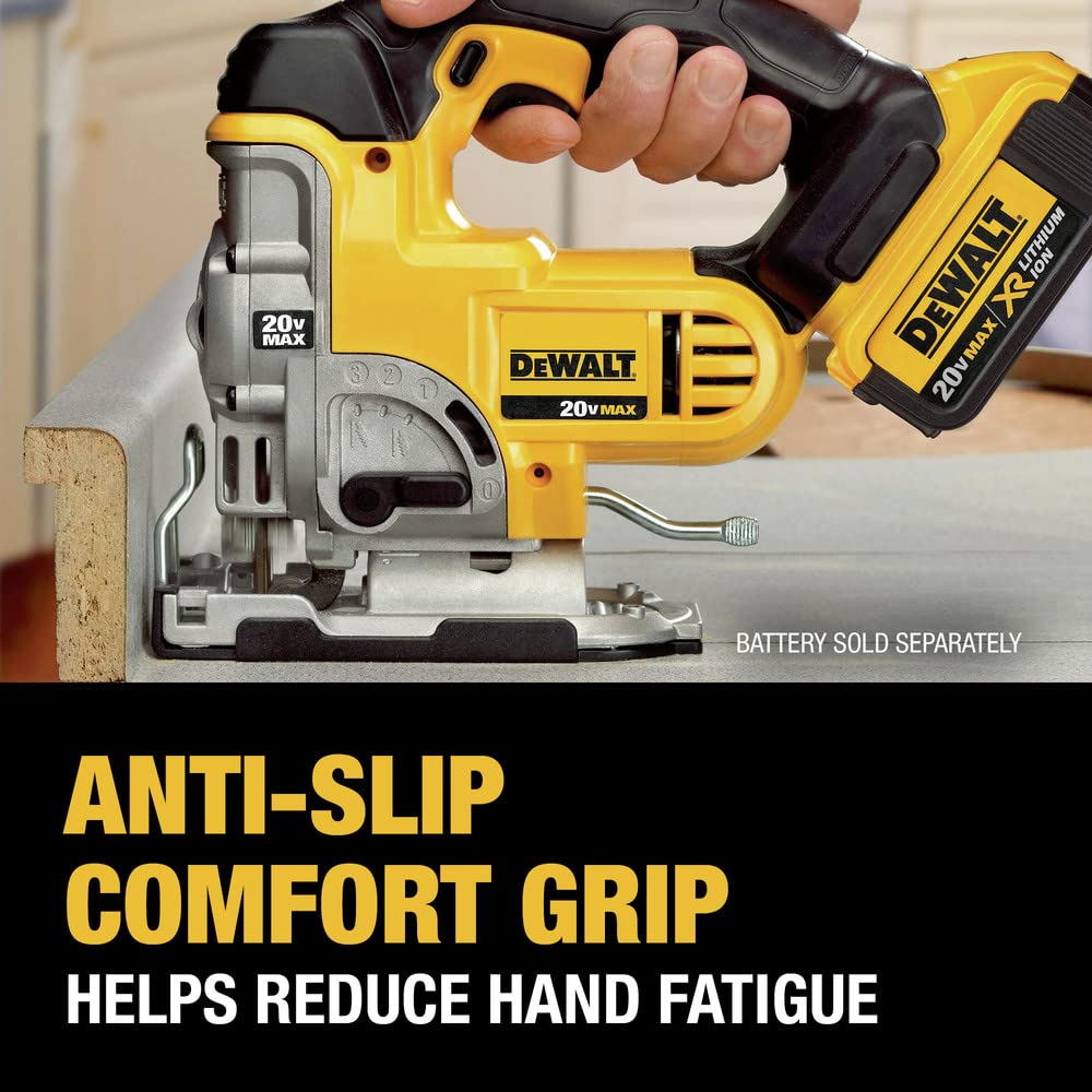 DEWALT DCS331B four-position orbital action for controlled wood cutting and curves.