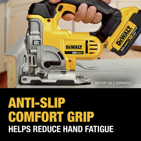DEWALT DCS331B four-position orbital action for controlled wood cutting and curves.