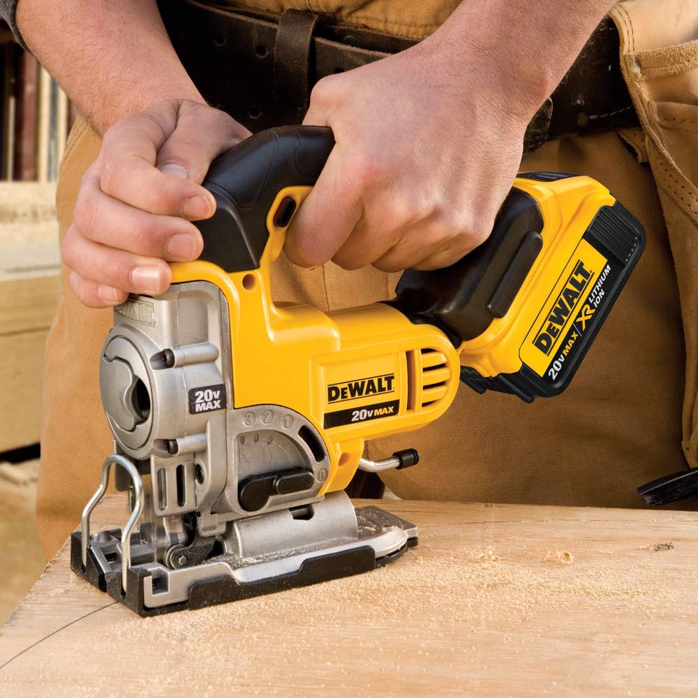 DEWALT DCS331B accepts T-shank blades for reliable holding power and steady cuts.