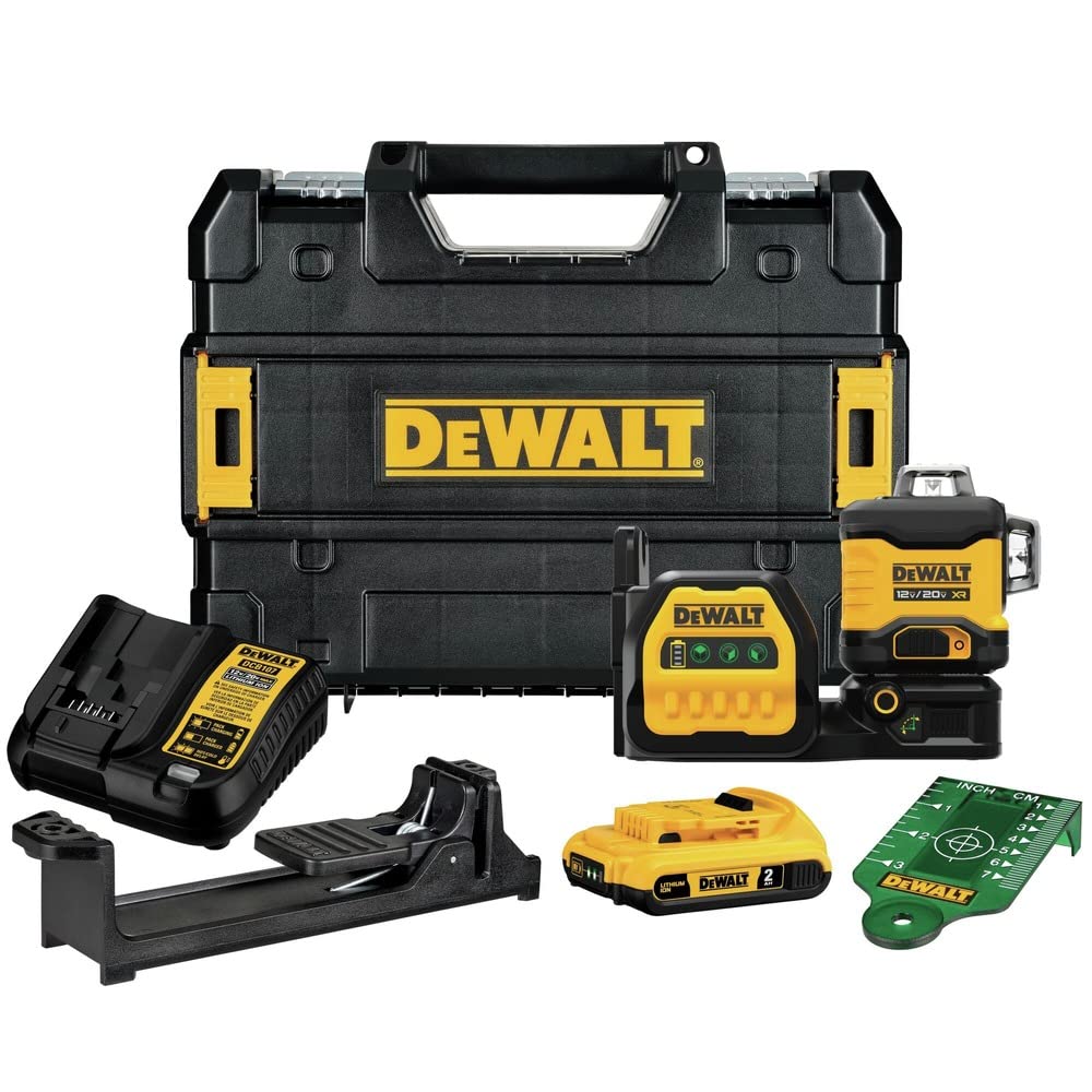 DEWALT 3x360 green laser level on a jobsite showing plum lines