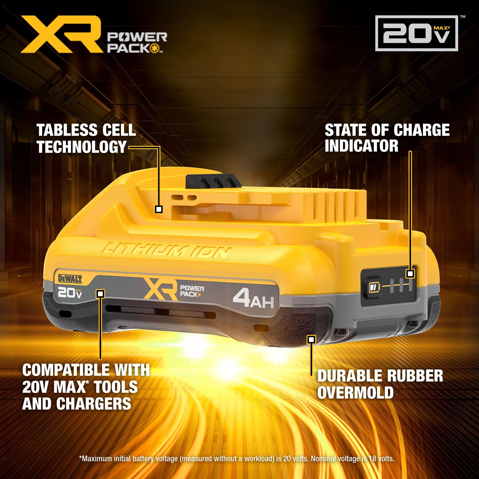 DEWALT 20V MAX XR PowerPack 4Ah battery LED indicator shows charge status