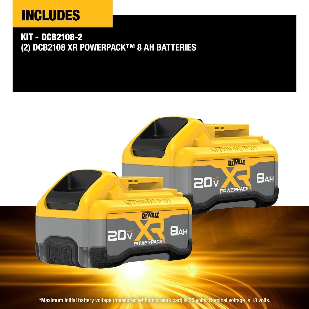 DEWALT 8Ah Powerpack side view showing rugged overmold and durability.