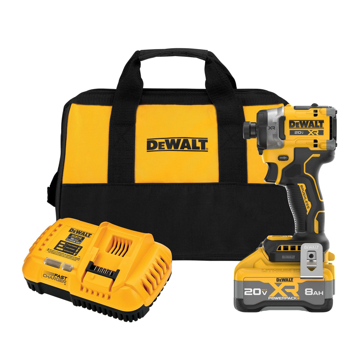 DEWALT DCF860WW1 package view showing the 20V kit with 8Ah battery for on-site readiness