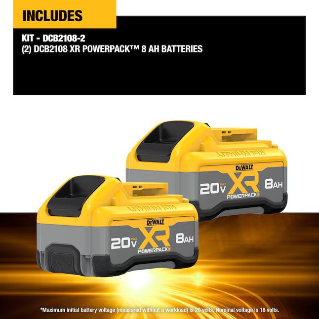 DEWALT 20V Powerpack 8Ah battery side view showing durability and wear resistance.