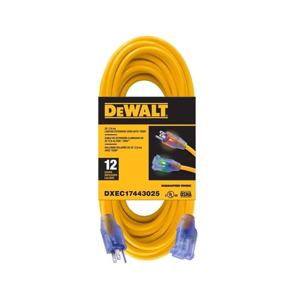 DEWALT 25 ft lighted extension cord outdoors showing power indicator and ground status.