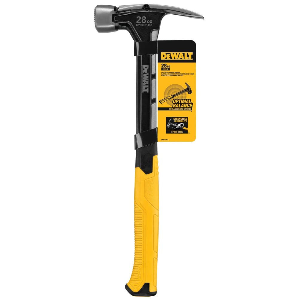 DEWALT 28OZ steel hammer in use demonstrates controlled nail driving and steadiness.