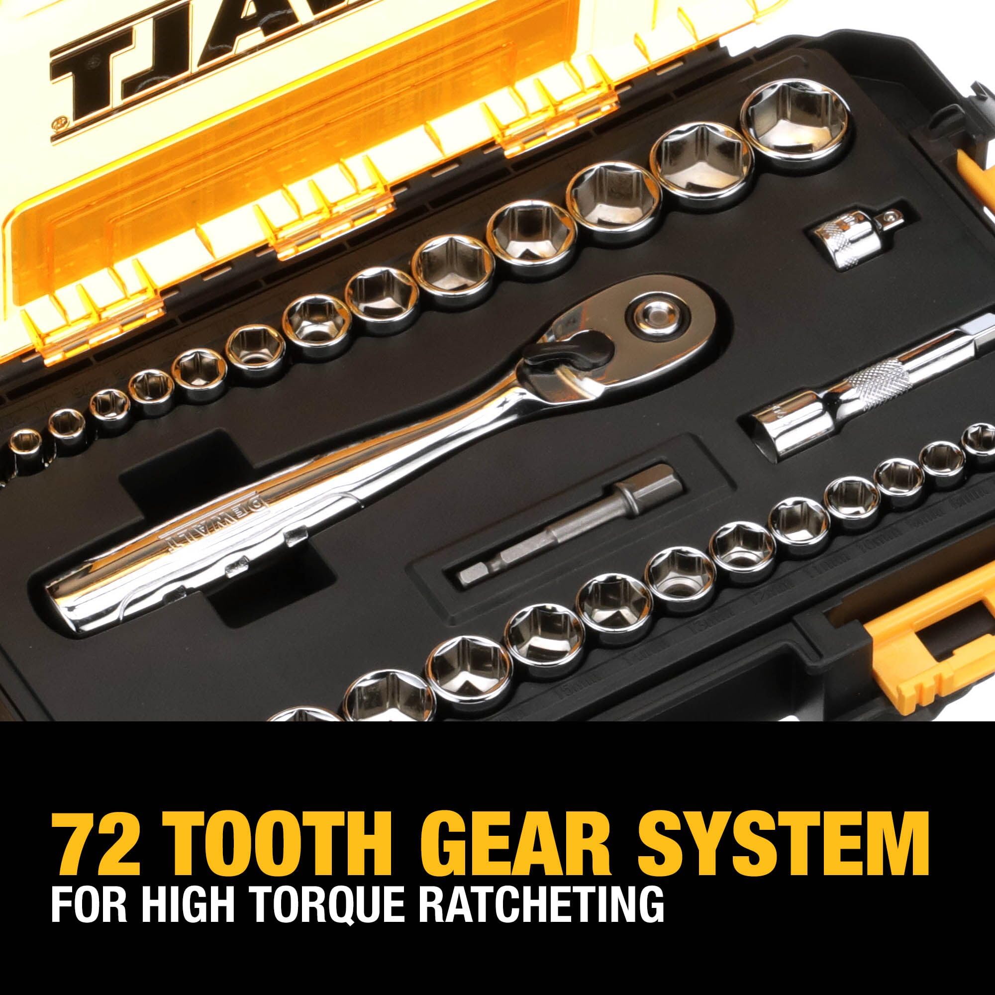DEWALT 3/8-inch drive sockets offer smooth maneuverability in restricted areas.