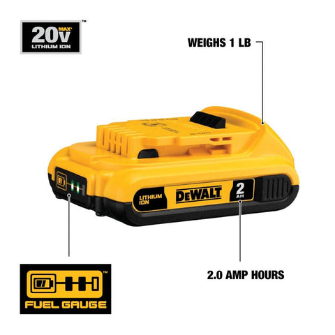 DEWALT 20V XR battery with 3-LED gauge clearly showing charge status at a glance.