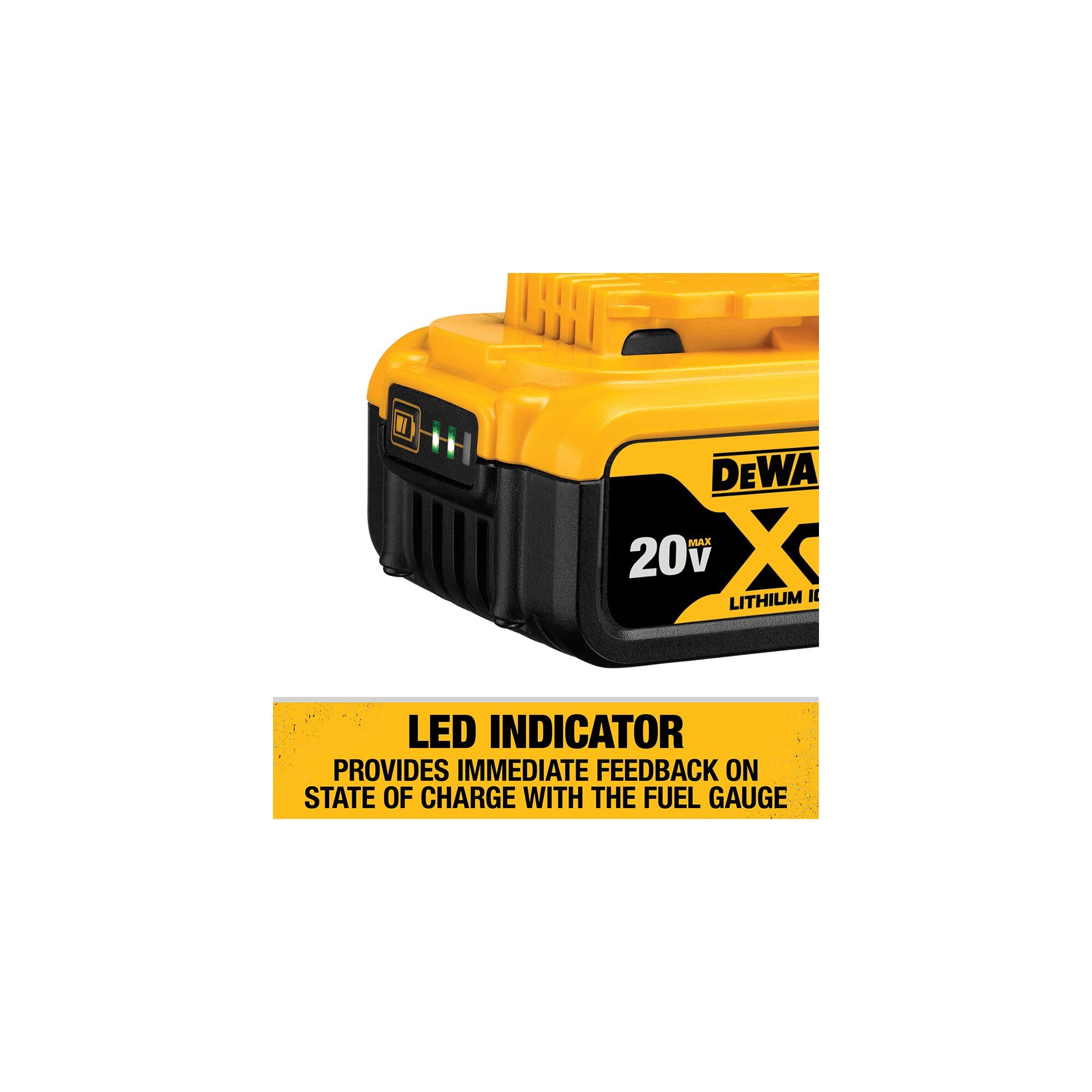 DEWALT 3 LED fuel gauge on battery informs remaining power
