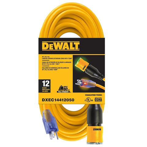 DEWALT 50 ft SJTW extension cord with click-to-lock for uninterrupted power on outdoor projects.