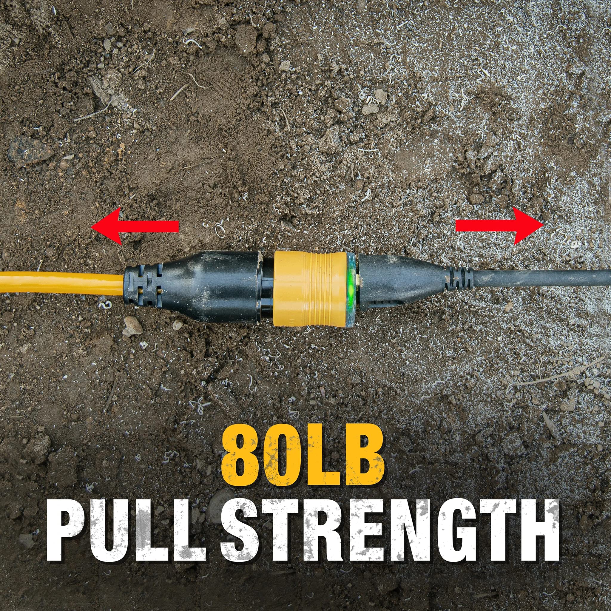 DEWALT amber LED power indicator shows outlet activity for quick setup.