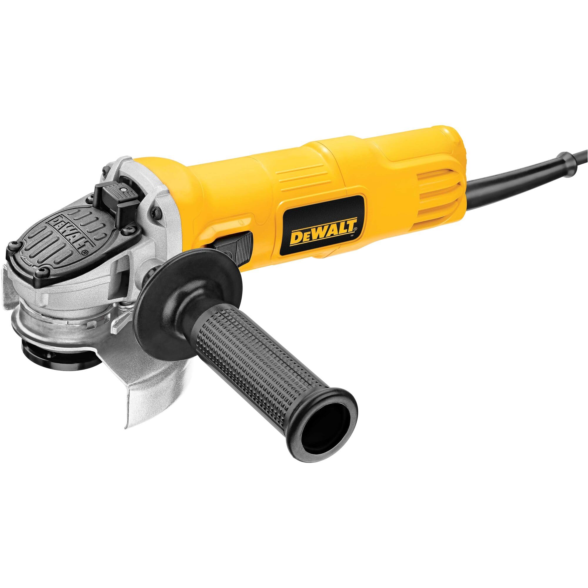 DEWALT DWE4011 angle grinder with One-Touch Guard for quick guard adjustments.