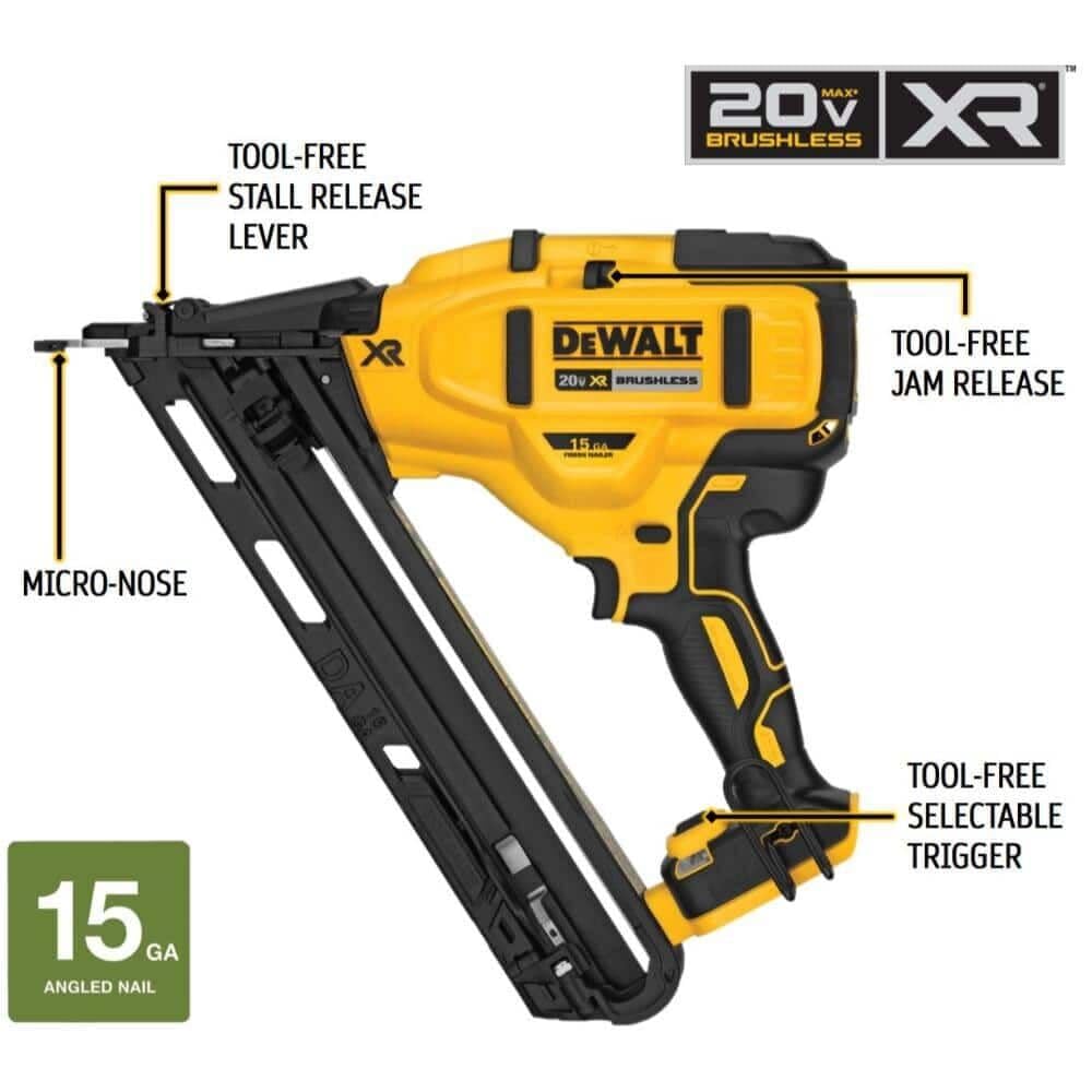 DEWALT angled finish nailer in use for accurate crown molding installs