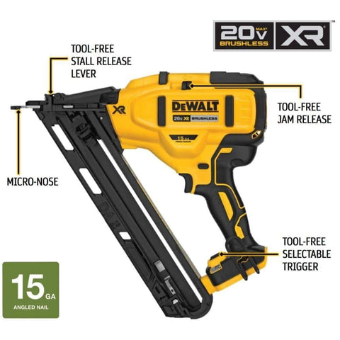 DEWALT angled finish nailer in use for accurate crown molding installs