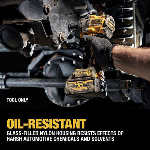 DEWALT Atomic 20V wrench securing socket bits with detent pin for angles.