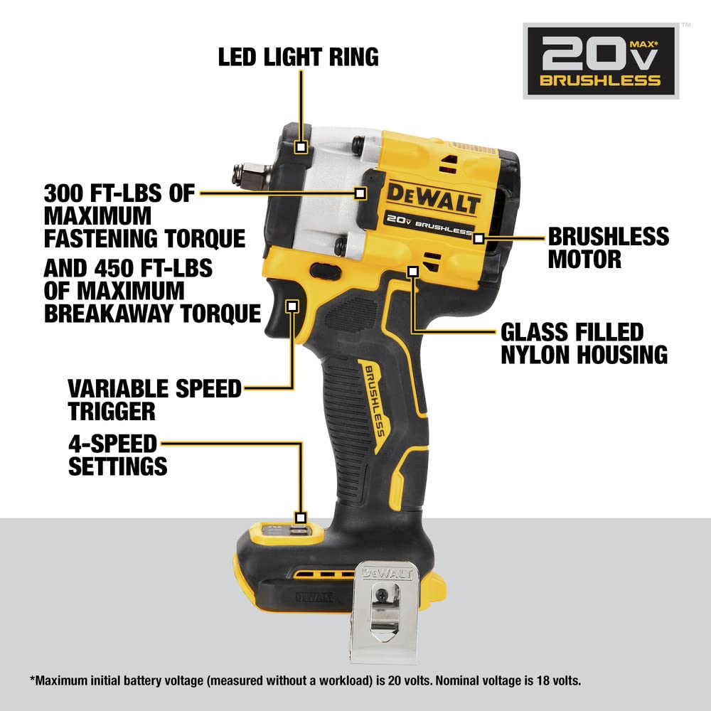 DEWALT Atomic 20V Max delivers up to 300 ft-lbs of max fastening torque.