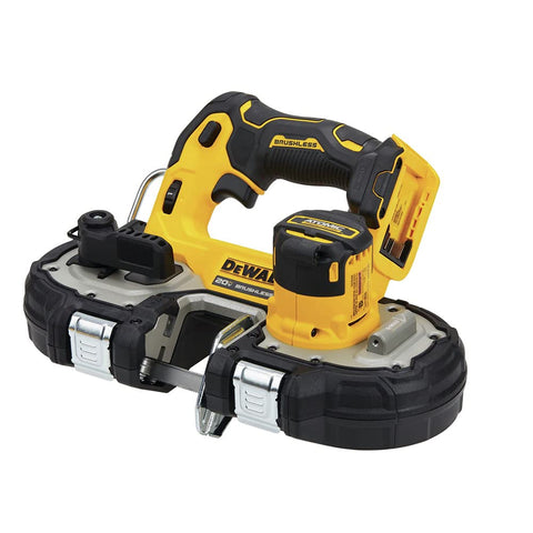 DEWALT ATOMIC band saw guard in action for one-handed cutting on site