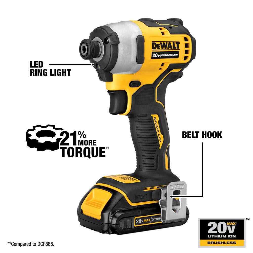 DEWALT Atomic 20V Max Impact Driver delivers up to 1700 in-lbs torque for tough tasks.