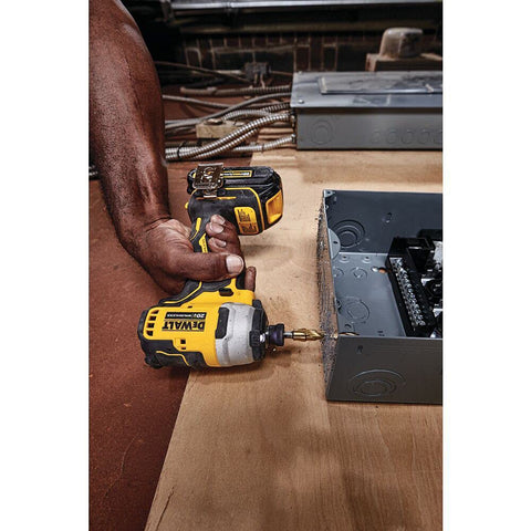 DEWALT Atomic 20V Max kit showing belt hook feature for portability.