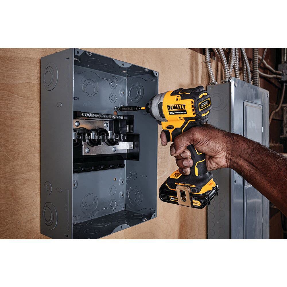 DEWALT Atomic 20V Max Impact Driver shows brushless motor for efficient performance.