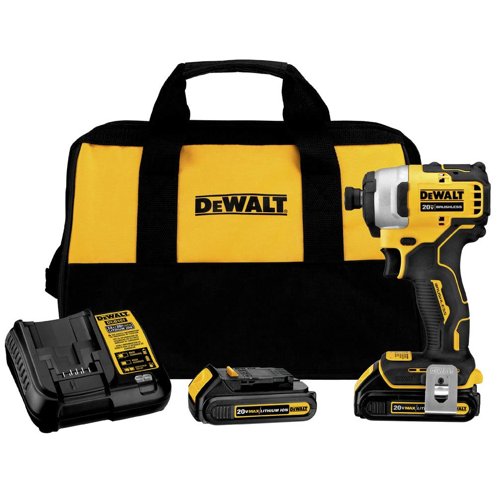 DEWALT Atomic 20V Max compact impact driver front view highlighting portability.