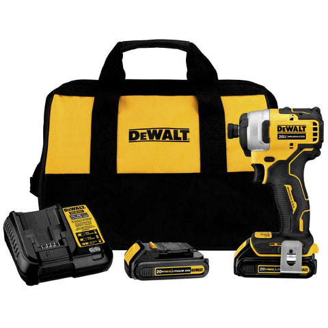 DEWALT Atomic 20V Max compact impact driver front view highlighting portability.
