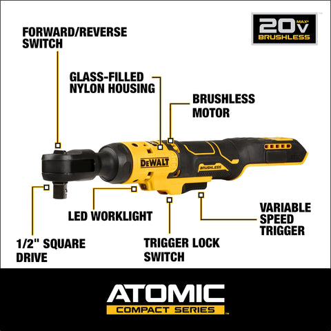 DEWALT ATOMIC 20V MAX ratchet 1/2 drive close-up for quick bolt removal