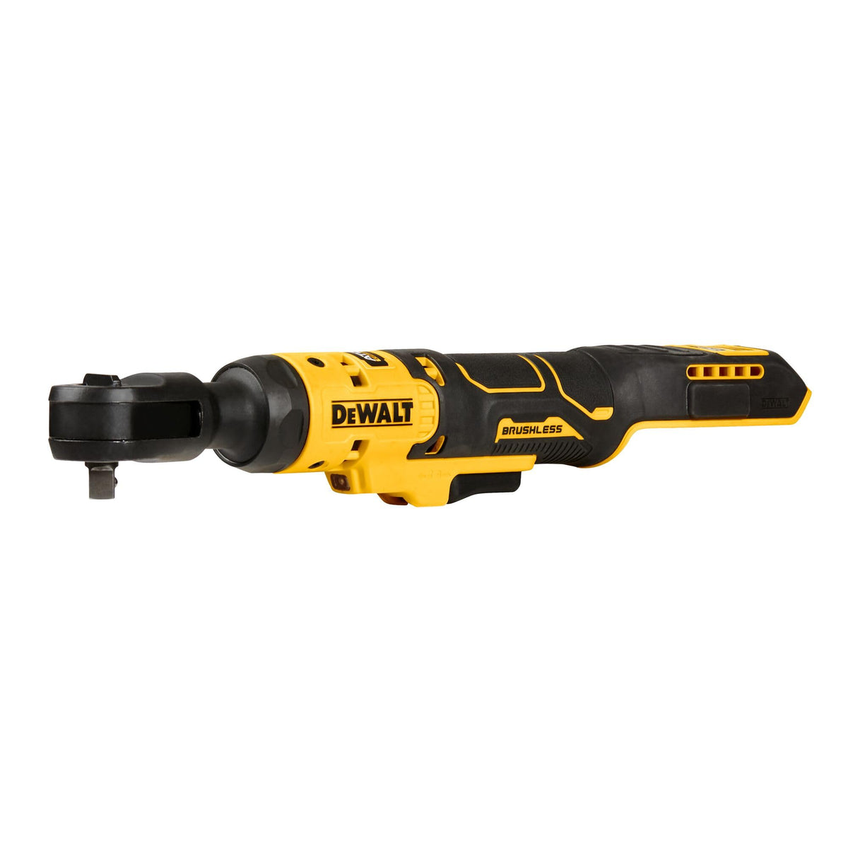 DEWALT ATOMIC cordless ratchet with brushless motor for high torque in tight spaces.