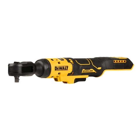 DEWALT ATOMIC cordless ratchet with brushless motor for high torque in tight spaces.