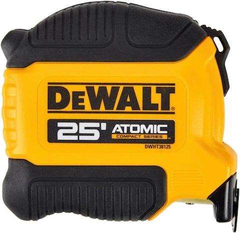 DEWALT Atomic 25ft tape measure with a compact body for easy solo measuring.
