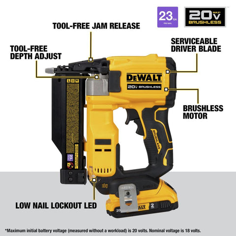 DEWALT ATOMIC pin nailer driving nails for trim and finish tasks