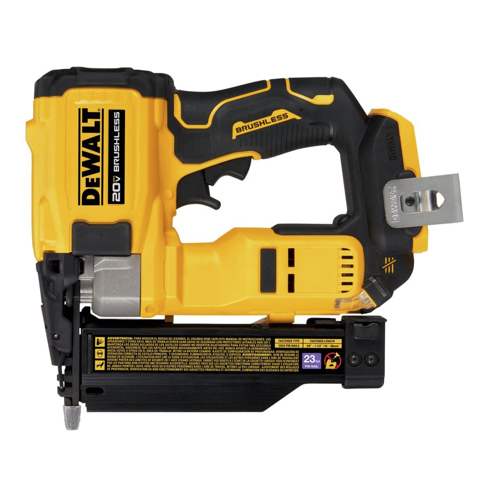 DEWALT pin nailer showing pin size 5/8 to 1-1/2 in