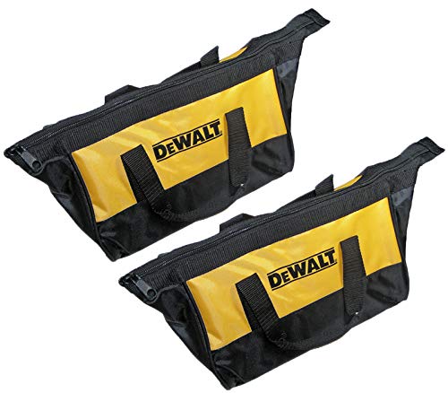 Dewalt ballistic nylon tote loaded with tools, sturdy handle for safe transport.