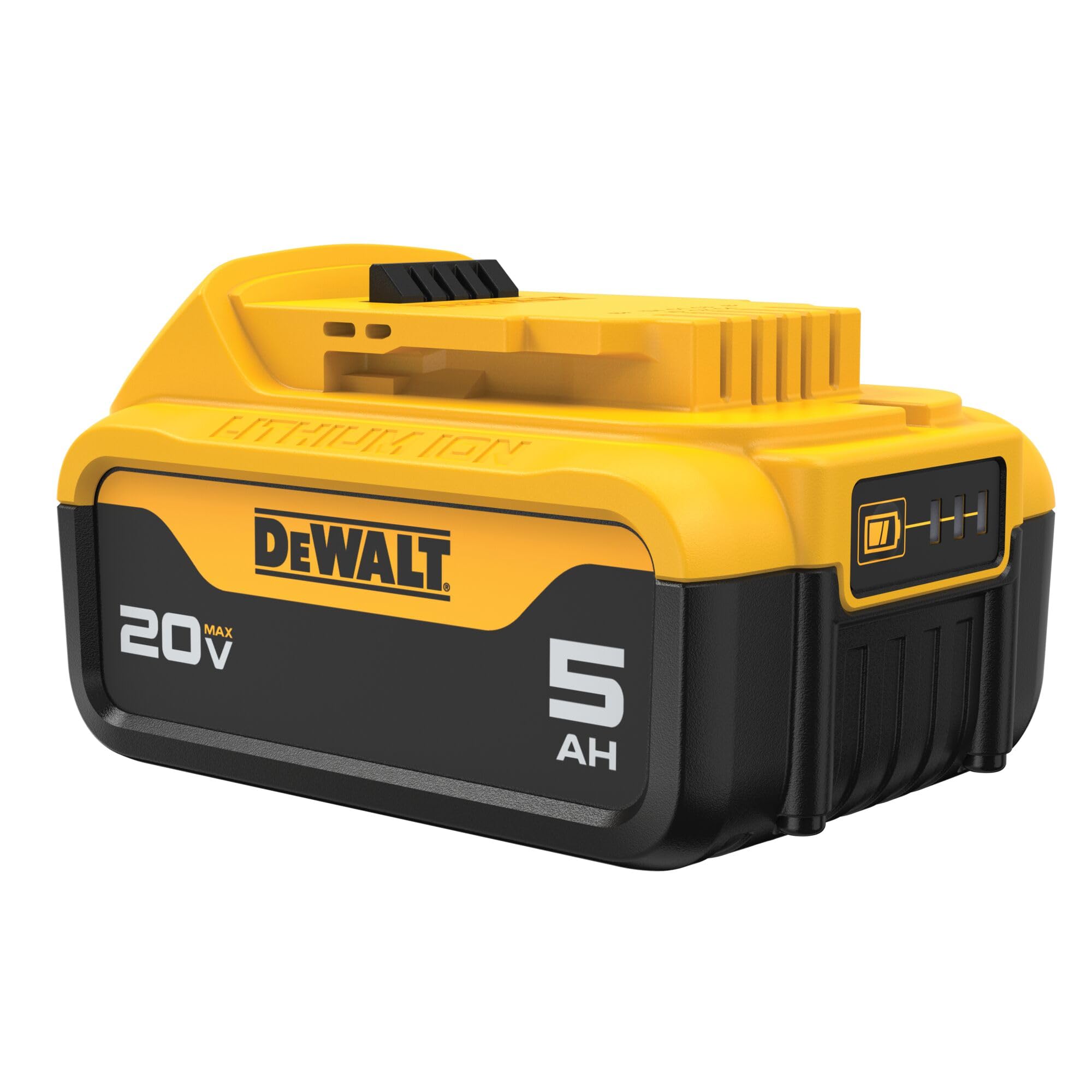 Close-up of the DEWALT battery pack highlighting build quality.