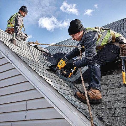 DeWalt brushless motor detail highlighting longer runtime on roofing tasks