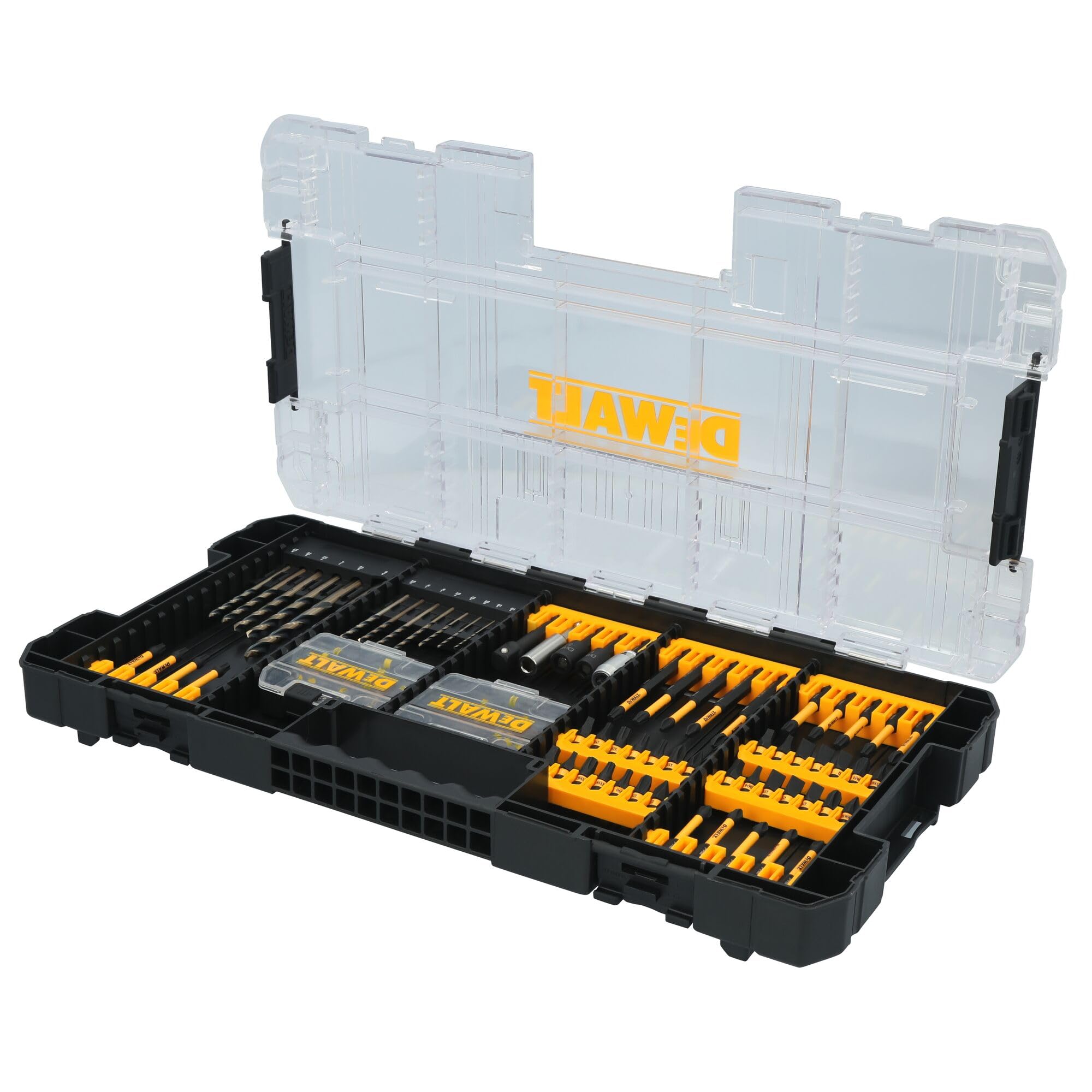 Clip latch keeps DEWALT case closed securely for transport