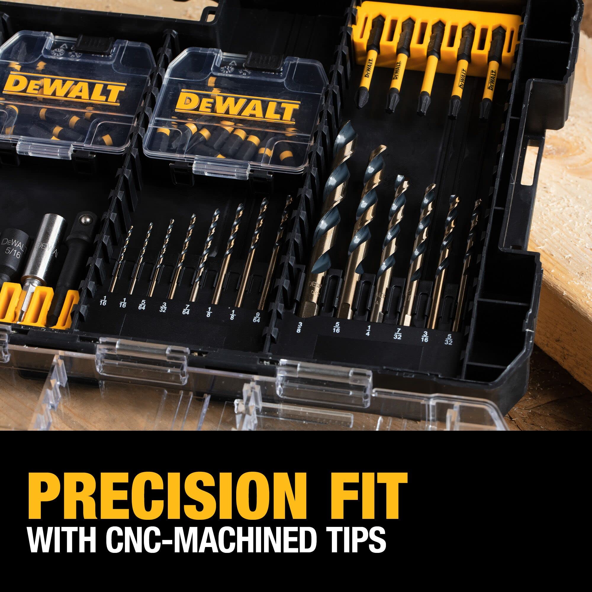 CNC-machined bit tips provide precise fit and reduced cam-out