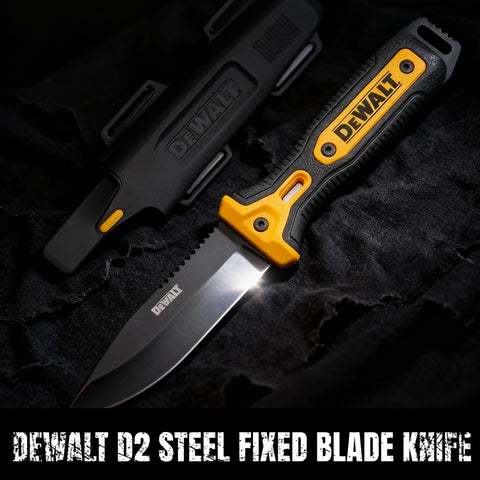 DEWALT D2 knife with ergonomic rubber grip for secure handling in any weather.