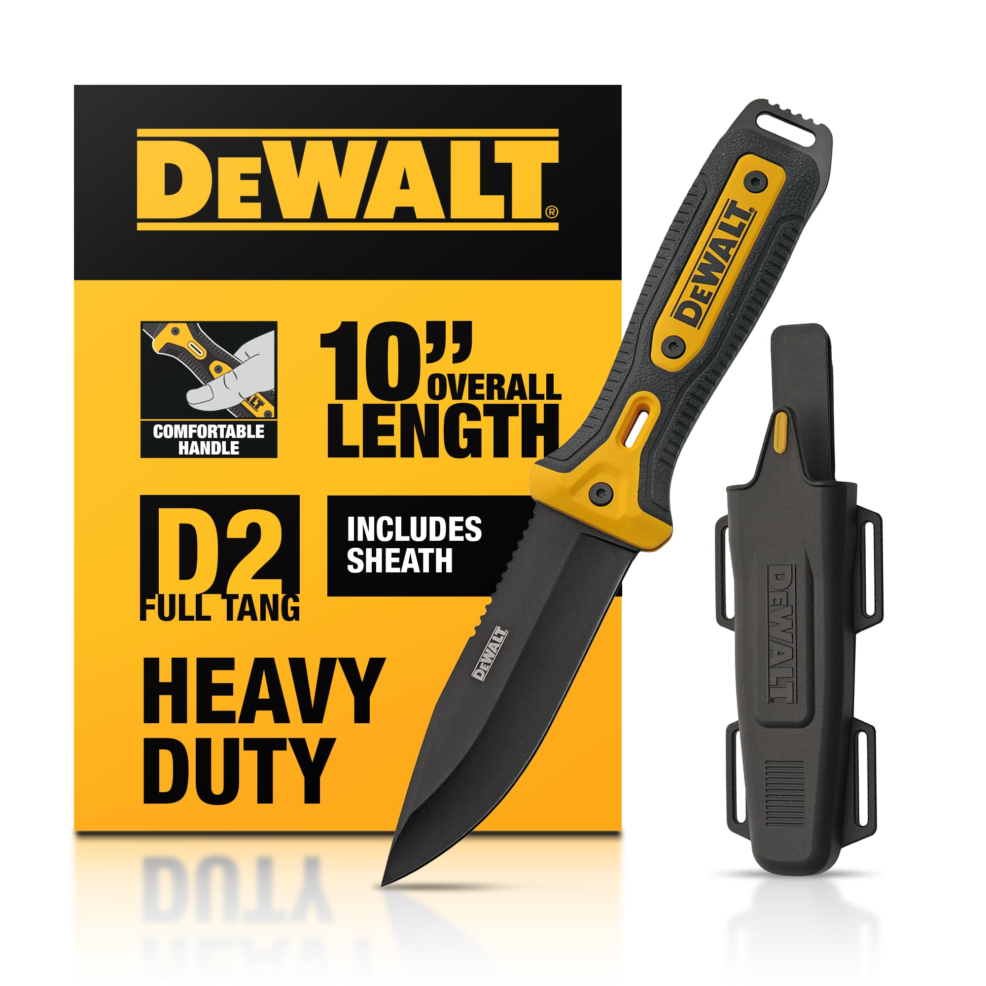 DEWALT D2 fixed blade knife with steel full tang for tough on-site tasks.